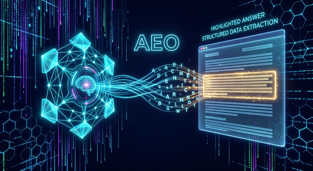Visual concept of Answer Engine Optimization (AEO) where AI extracts clear, structured answers from website FAQs