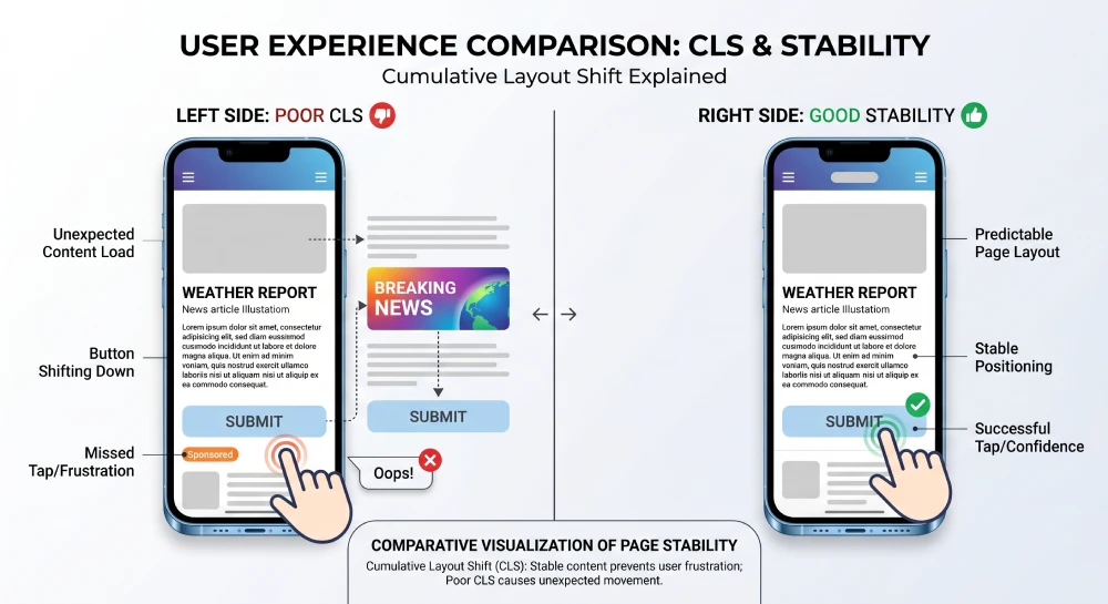 An illustration demonstrating Cumulative Layout Shift (CLS) where a button moves unexpectedly during loading.
