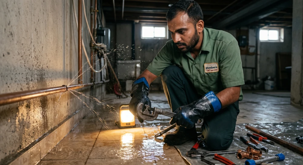 Technician repairing burst pipe in residential basement