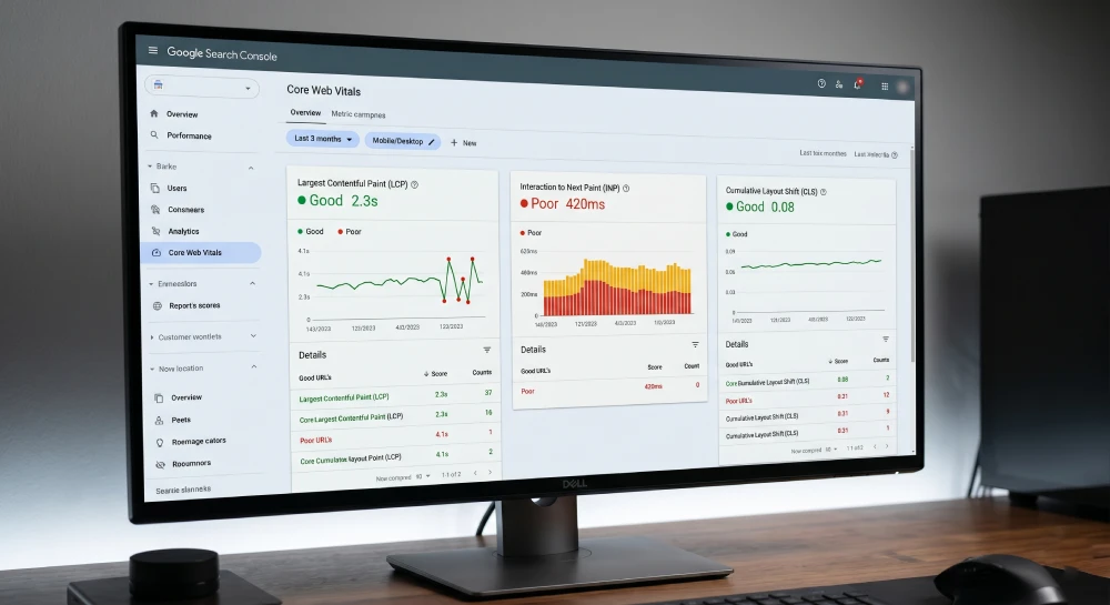 A computer screen showing Google's Core Web Vitals metrics, including LCP, INP, and CLS scores.
