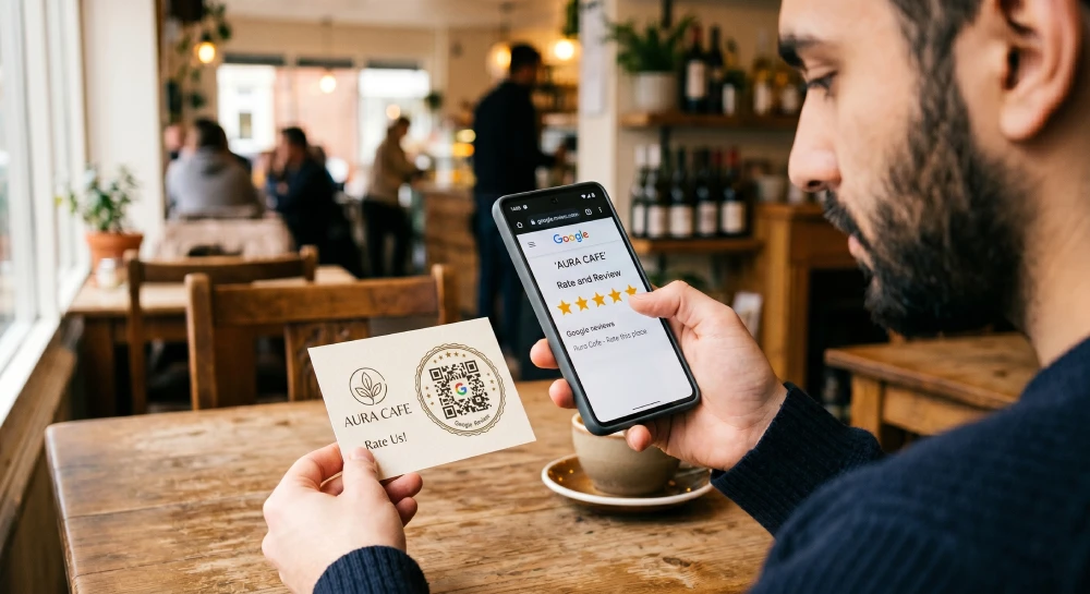 AI search results Google reviews A customer easily leaving a Google review by scanning a QR code on a business card.