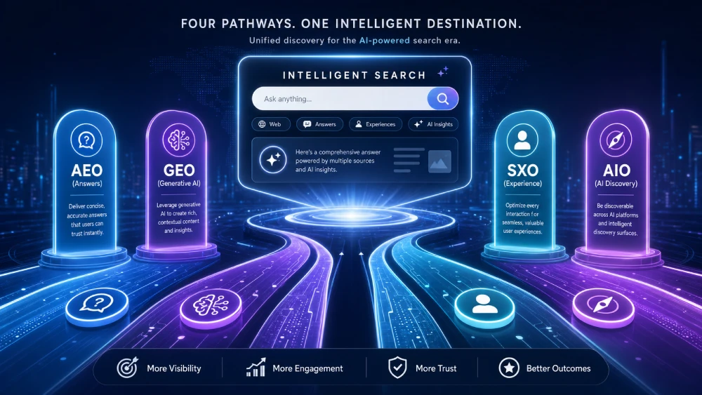 SEO in 2026 An infographic illustrating the evolution of SEO into AEO, GEO, SXO, and AIO for modern search engines.