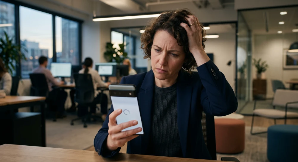 A frustrated business owner dealing with a slow-loading website on their mobile phone.